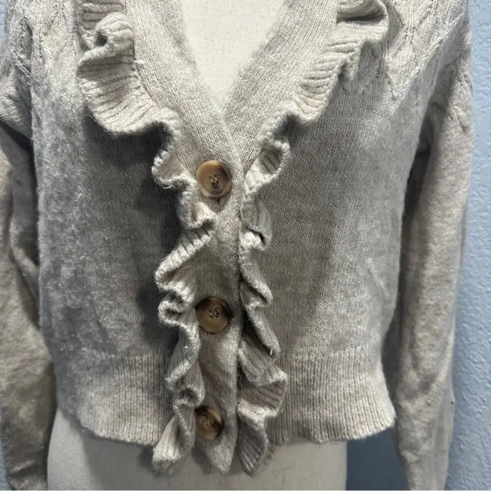 Industry L Cream Ruffle Cardigan Feminine Office Chic Quiet Luxury Sweater - Picture 3 of 10